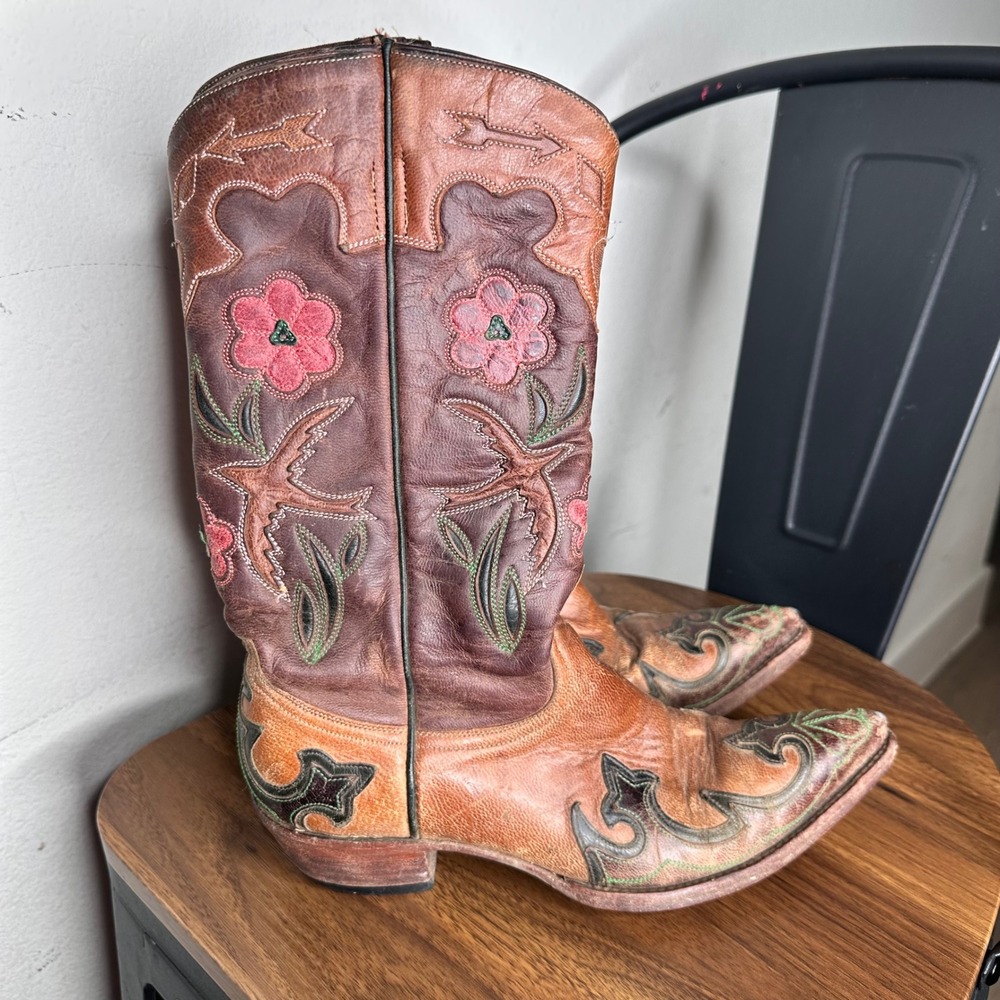 Old Gringo Brown Leather Floral Embroidered Cowboy Boots with Pink Accents